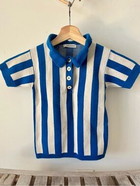 Misha & Puff Pima Cotton Knit Polo Top Blue Cream Stripe 7-8Y